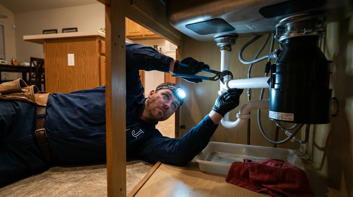 P-trap and supply line connections under a kitchen sink showing a common leak point in Sun City West, AZ